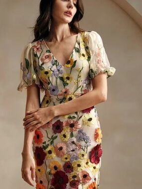 Anewsta Floral Embroidered V-Neck Cream Dress